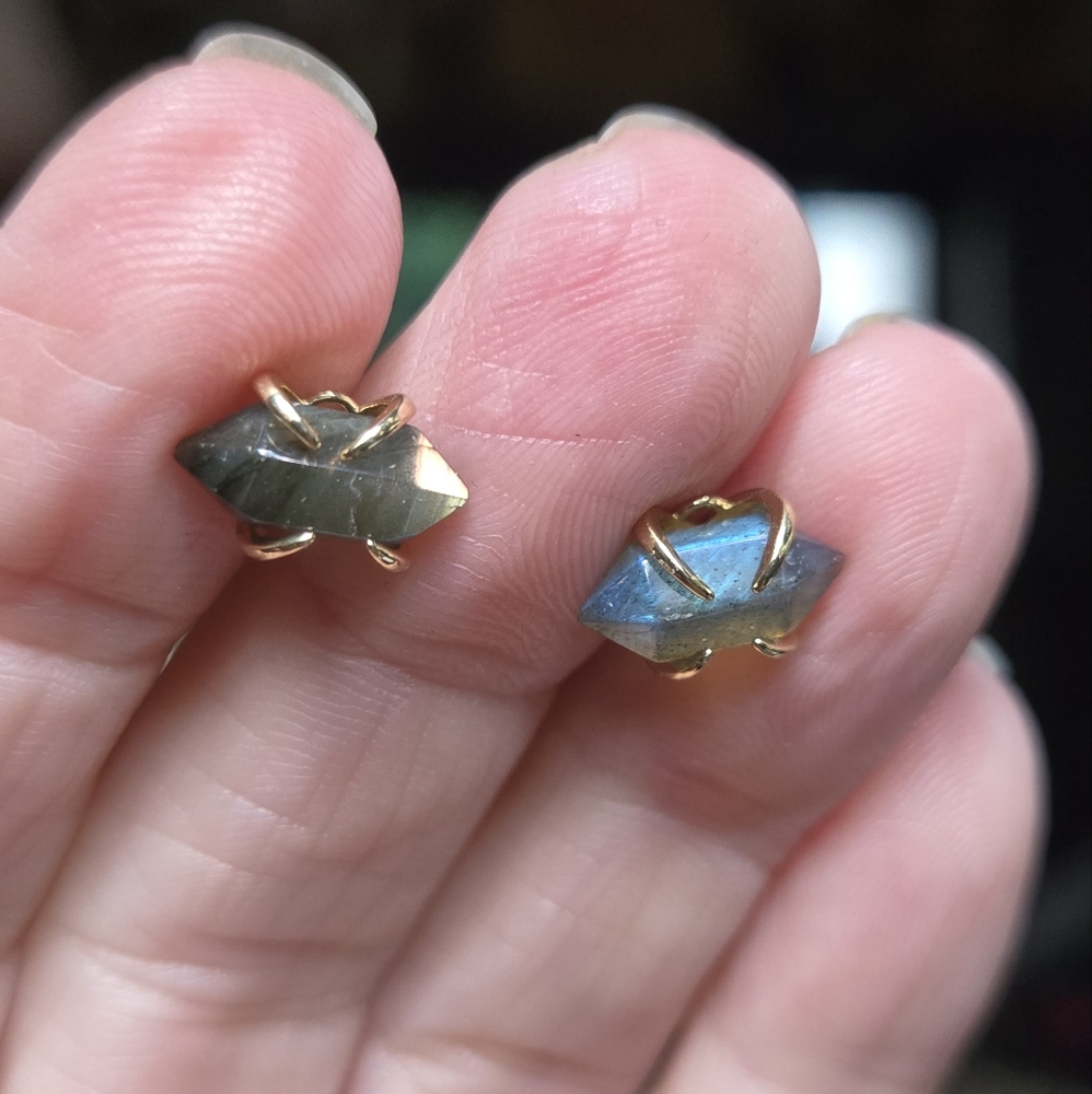 Labradorite Natural 4k Point Sterling & Gold Earrings - Picture 7 of 10